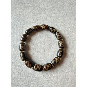 Tibetan Treasure Vase Dzi Bracelet – Natural Agate Barrel Beads Gold Accent